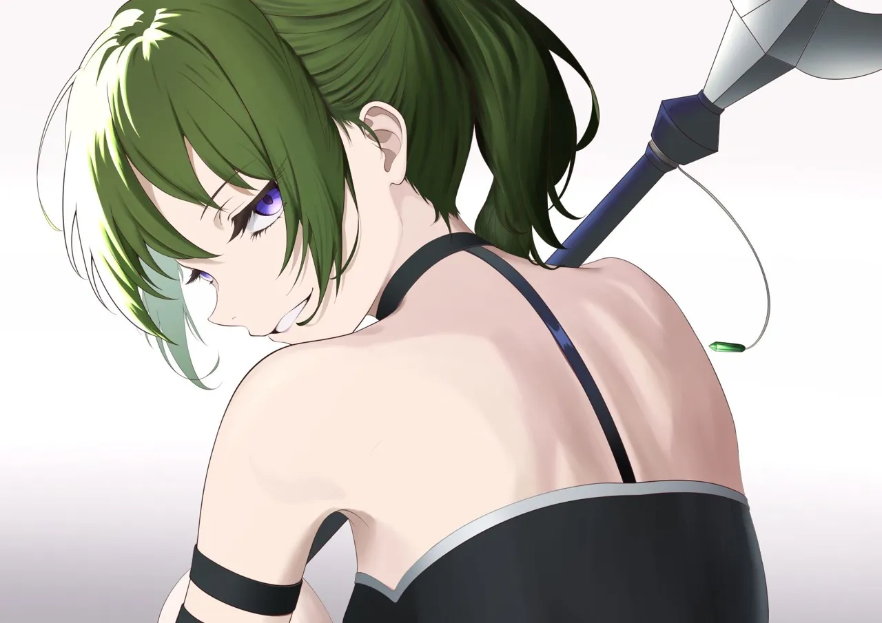 1girl back bangs bare_shoulders from_behind gradient gradient_background green_hair grin jewelry looking_at_viewer looking_back ponytail purple_eyes shoulder_blades smile solo upper_body n_t user_ezmk2485 sousou_no_frieren ubel__sousou_no_frieren