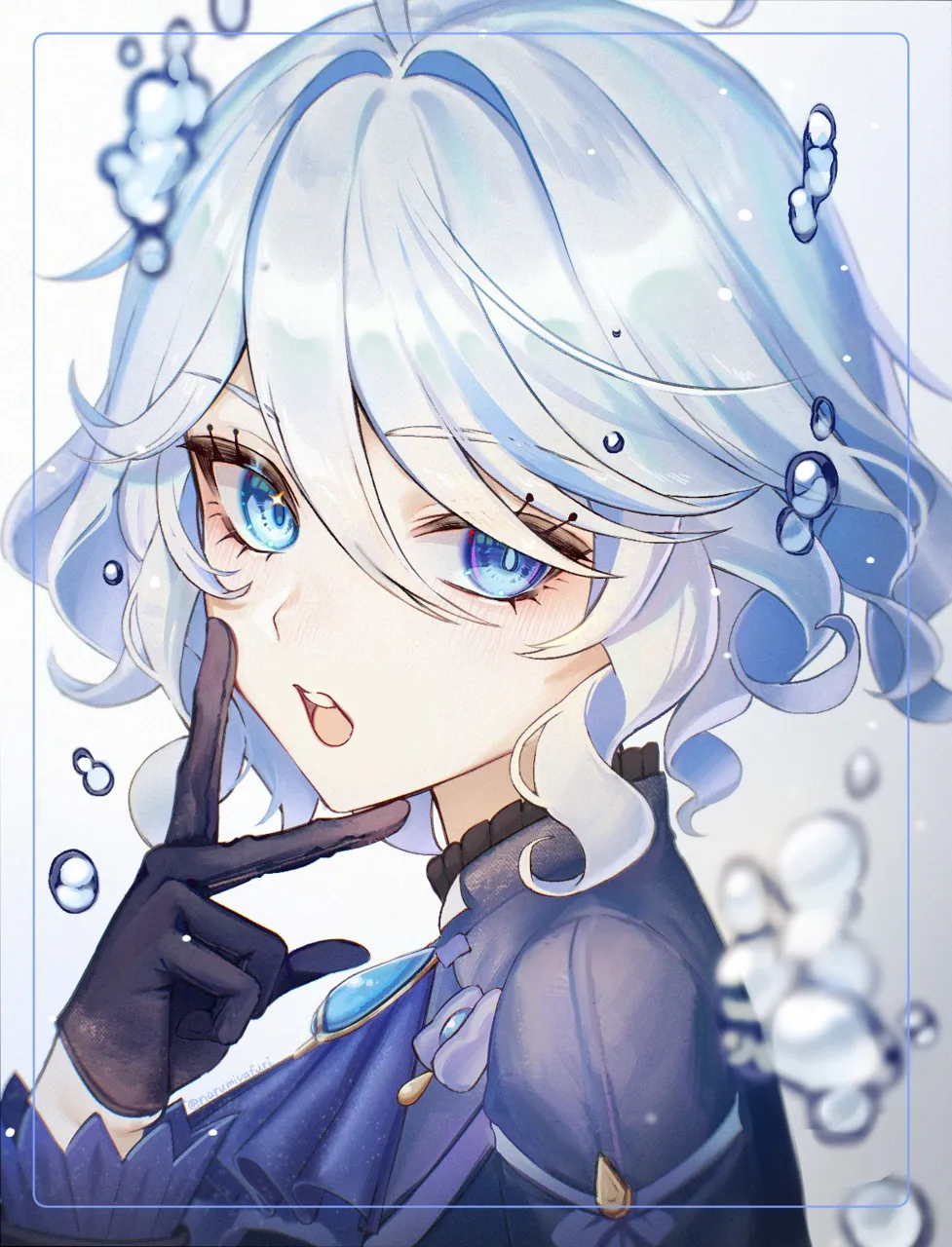 1girl ahoge ascot black_gloves blue_ascot blue_brooch blue_eyes blue_hair blue_jacket drop_shaped_pupils from_side gloves heterochromia jacket looking_at_viewer mismatched_pupils multicolored_hair ouji_fashion solo streaked_hair symbol_shaped_pupils fuli__narumiyafuri genshin_impact furina__genshin_impact