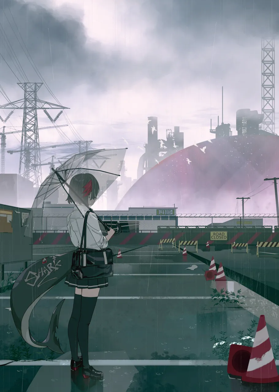 1girl bag barbed_wire black_hair building cloud collared_shirt fins fish_tail from_behind outdoors overcast parking_lot pleated_skirt power_lines school_bag school_uniform shark_girl shark_tail shirt short_hair sign skirt sky solo standing tail thighhighs traffic_cone transmission_tower transparent transparent_umbrella umbrella utility_pole white_shirt midfinger zenless_zone_zero ellen_joe__zenless_zone_zero ellen_joe__on_campus__zenless_zone_zero
