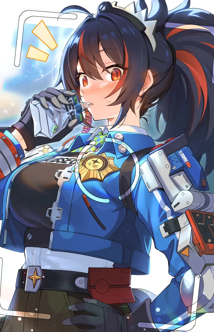 1girl black_gloves black_hair blue_jacket blush breasts drinking gloves hand_on_own_hip holding_carton jacket large_breasts long_sleeves looking_at_viewer multicolored_hair police police_uniform policewoman ponytail red_eyes red_hair solo two_tone_hair bililililili0 zenless_zone_zero zhu_yuan__zenless_zone_zero