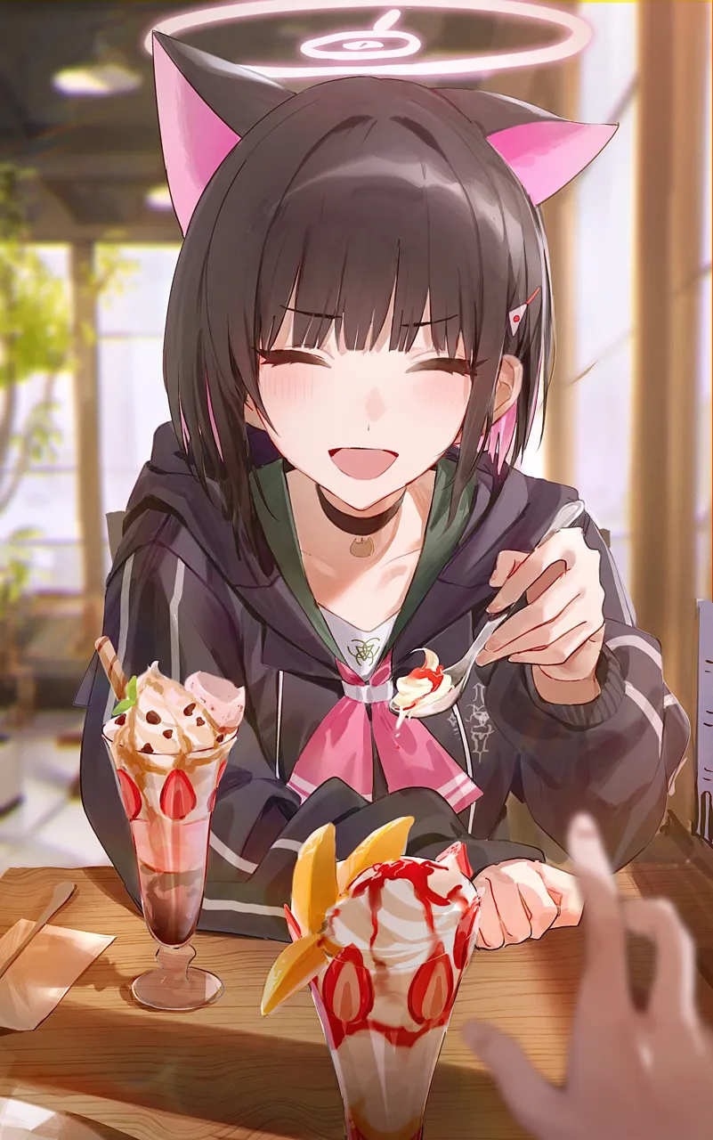 1girl 1other animal_ears black_hair black_hoodie cat_ears closed_eyes colored_inner_hair extra_ears facing_viewer food hair_ornament hairclip halo holding holding_spoon hood hoodie long_sleeves multicolored_hair open_mouth parfait pink_hair pink_halo short_hair smile solo_focus spoon flatshi blue_archive kazusa__blue_archive