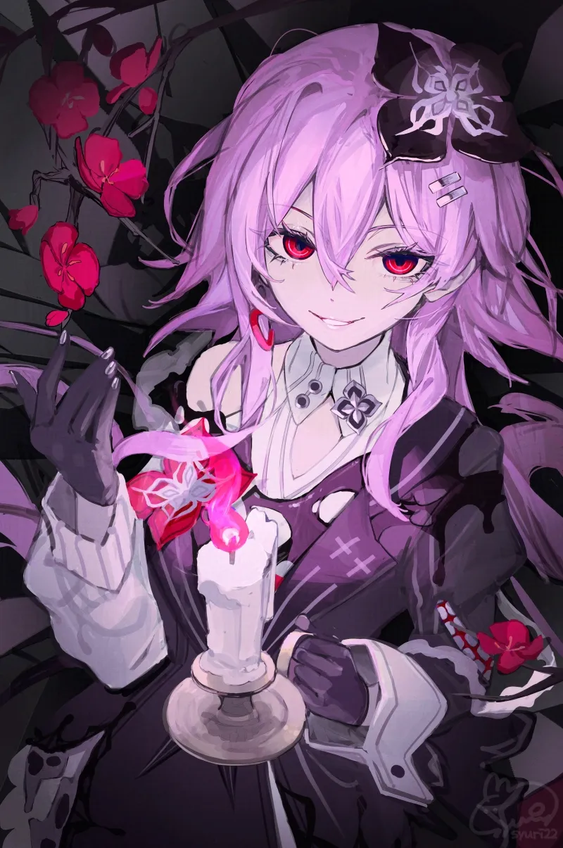 1girl black_background black_flower black_gloves black_jacket candle candlestand evil_smile flower gloves hair_between_eyes holding_candlestand jacket long_hair looking_at_viewer pink_hair red_eyes shirt smile solo upper_body vignetting white_shirt syuri22 honkai__star_rail honkai__series evernight__honkai__star_rail march_7th__honkai__star_rail
