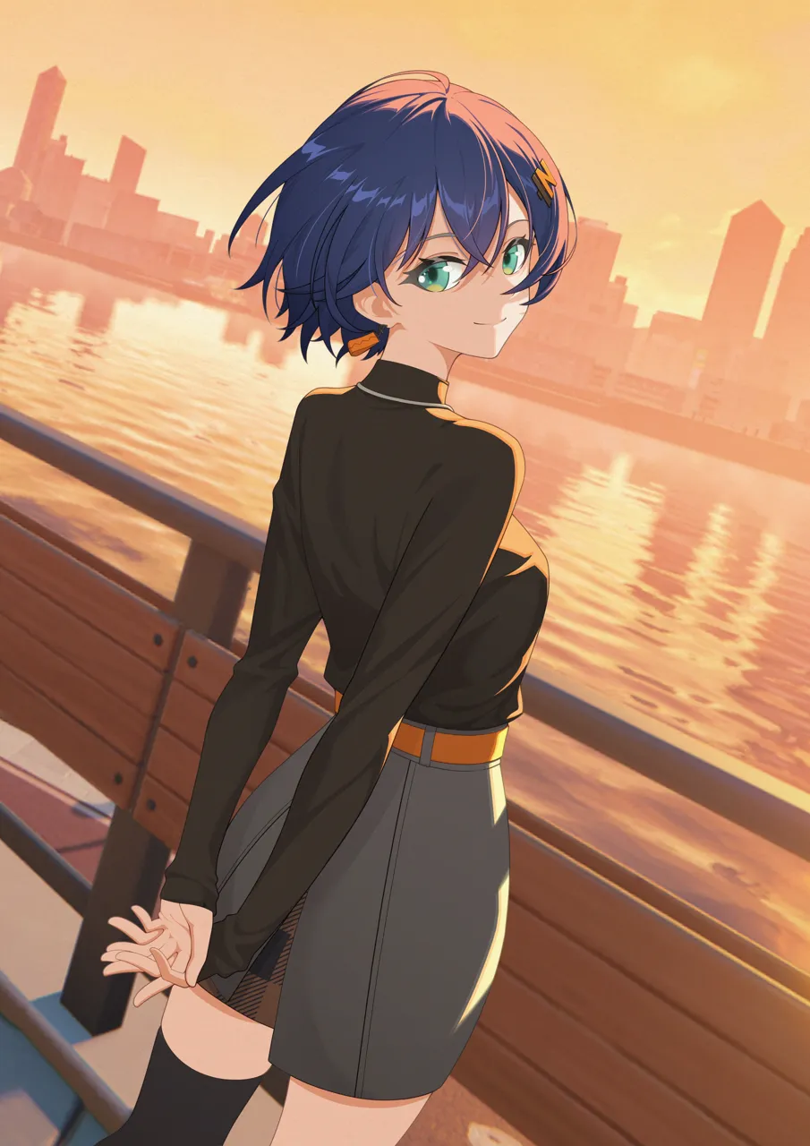 1girl arms_behind_back asymmetrical_legwear belt black_shirt black_thighhighs blue_hair breasts city closed_mouth crossed_bangs dutch_angle earrings from_behind green_eyes grey_skirt hair_ornament jewelry letter_hair_ornament long_sleeves looking_at_viewer looking_back medium_breasts orange_belt orange_sky outdoors river shirt skirt sky smile solo thighhighs sasaki3rd zenless_zone_zero belle__zenless_zone_zero