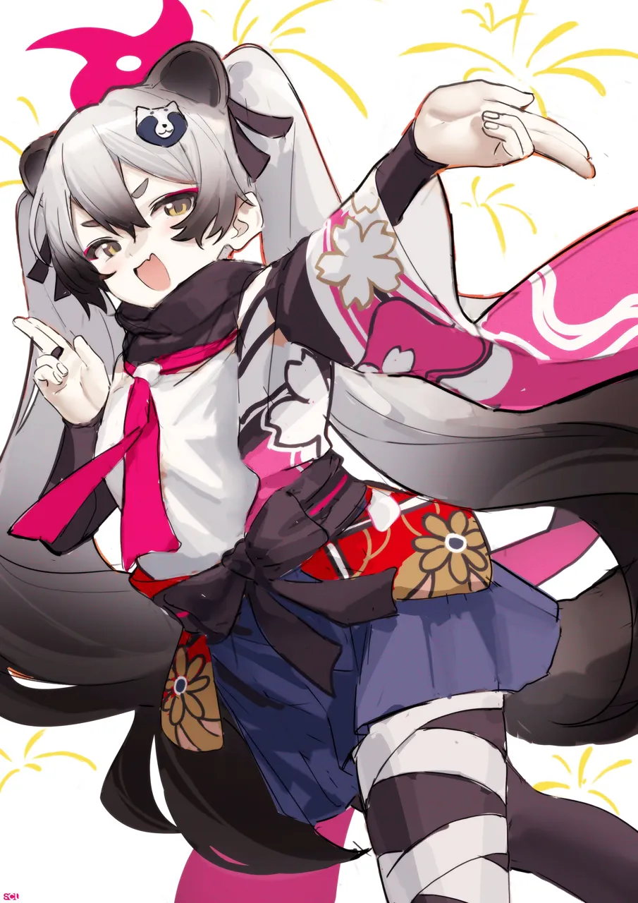 1girl animal_ears black_scarf blush fang grey_hair hair_between_eyes hair_ornament halo long_hair looking_at_viewer multicolored_hair ninja open_mouth pleated_skirt raccoon_ears raccoon_girl raccoon_tail scarf school_uniform simple_background skirt smile solo tail twintails very_long_hair white_background yellow_eyes songchuan_li blue_archive michiru__blue_archive