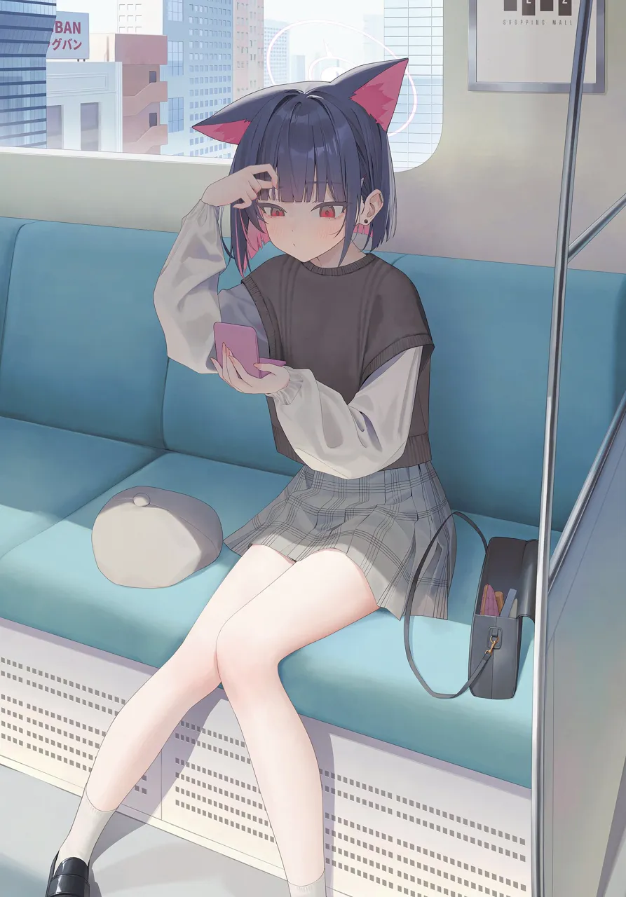 1girl animal_ears bag beret black_bag black_hair black_shoes black_sweater cat_ears cat_girl cityscape colored_inner_hair earclip grey_skirt halo hands_up hat holding loafers long_sleeves miniskirt multicolored_hair open_bag pink_hair pink_halo pleated_skirt puffy_long_sleeves puffy_sleeves red_eyes shirt shoes sitting skirt sleeveless sleeveless_sweater socks solo sweater train_interior unworn_hat unworn_headwear white_hat white_shirt white_socks aya__lezon blue_archive kazusa__blue_archive