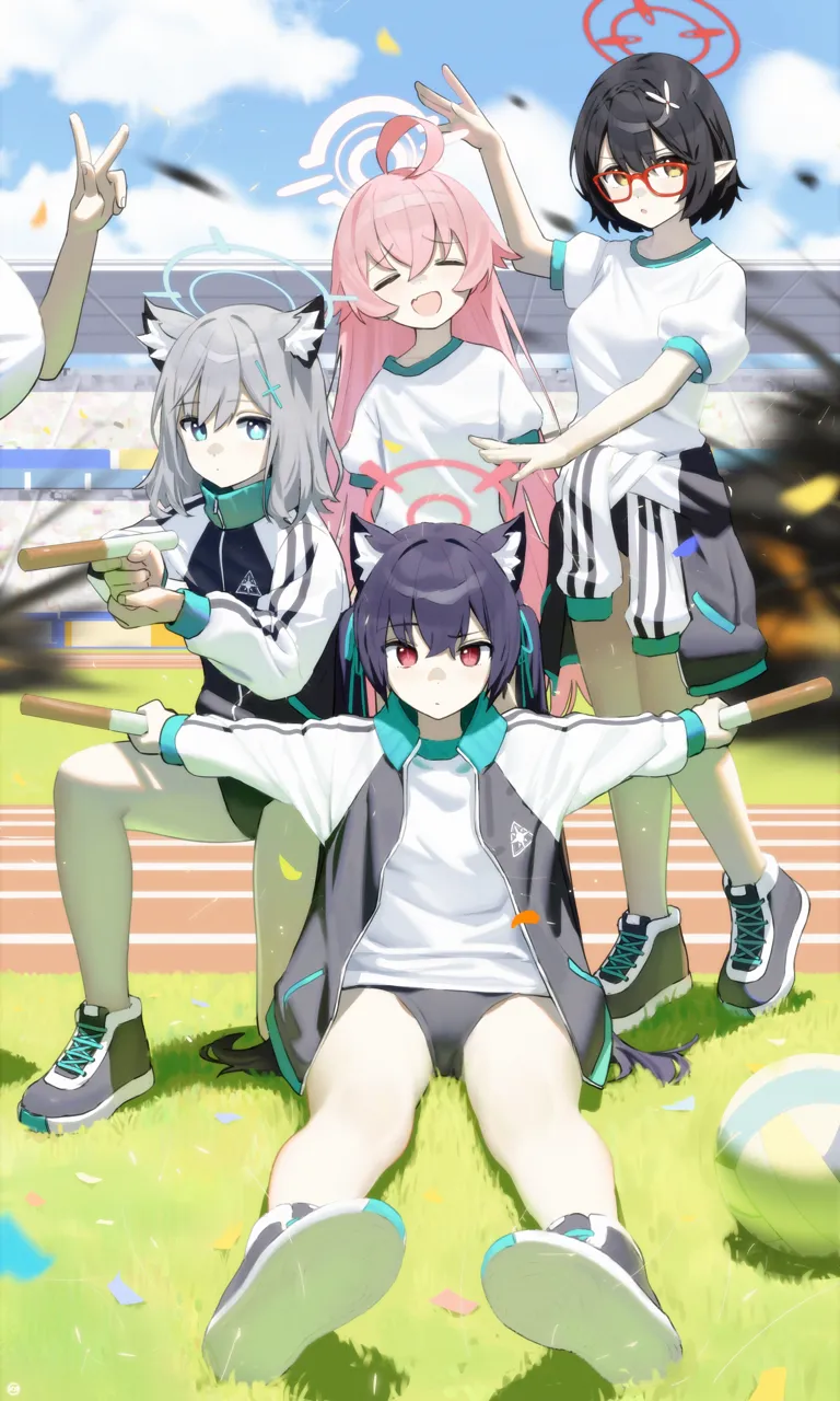 4girls ahoge alternate_costume animal_ear_fluff animal_ears aqua_eyes ball bare_legs black_buruma black_hair blue_sky breasts buruma cat_ears closed_eyes closed_mouth clothes_around_waist cloud confetti cross_hair_ornament day explosion fang foreclosure_task_force__blue_archive glasses grass grey_hair gym_uniform hair_between_eyes hair_ornament hair_ribbon halo holding jacket legs long_hair long_sleeves looking_at_viewer mismatched_pupils multiple_girls on_ground on_one_knee open_mouth out_of_frame outdoors parted_lips pink_hair pointy_ears red_framed_eyewear red_eyes red_hair relay_baton ribbon running_track shirt shoes short_hair short_sleeves sitting skin_fang sky sneakers stadium standing track_jacket white_shirt wolf_ears songchuan_li blue_archive ayane__blue_archive hoshino__blue_archive nonomi__blue_archive serika__blue_archive shiroko__blue_archive