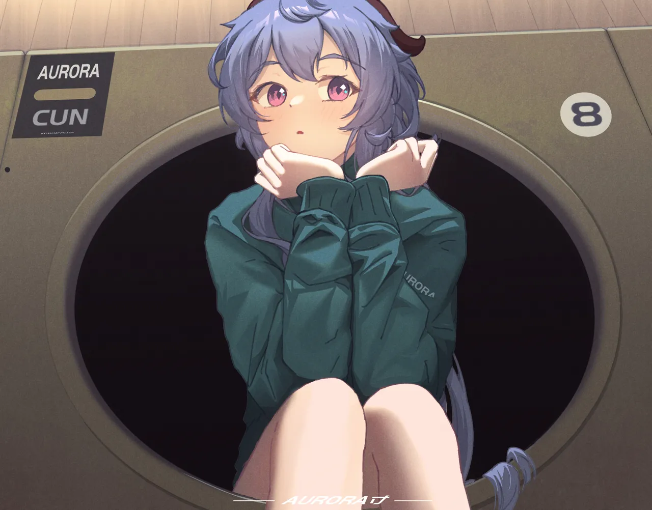 1girl ahoge artist_name black_jacket blue_hair blush horns jacket long_hair looking_to_the_side low_ponytail parted_lips ponytail purple_eyes sitting solo very_long_hair washing_machine hnbsgy genshin_impact ganyu__genshin_impact