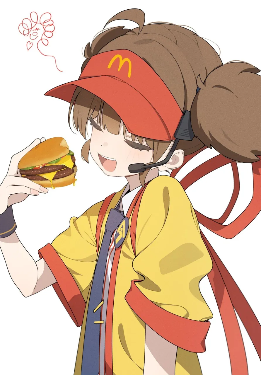 1girl ahoge brown_hair burger closed_eyes eating food holding holding_food jacket long_hair open_mouth sandwich shirt short_sleeves simple_background smile solo twintails upper_body visor_cap white_background imadake_dabuchi_tabemi