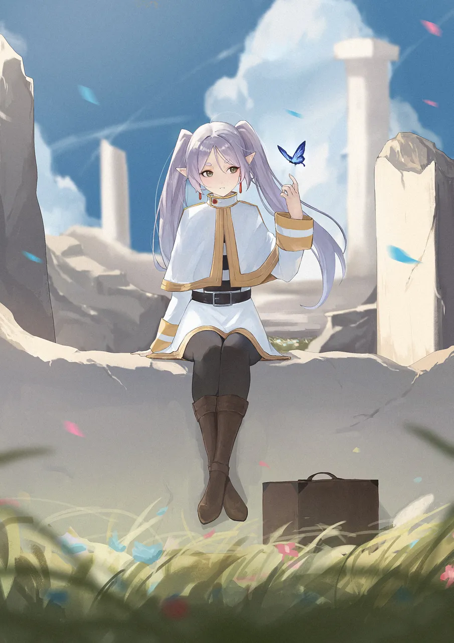 1girl arm_support belt black_belt black_pantyhose black_shirt blue_butterfly blue_flower blue_sky boots box brown_footwear bug butterfly capelet cloud column crossed_ankles cumulonimbus_cloud earrings elf falling_petals flower gem gold_trim grass grey_eyes grey_hair hair_between_eyes hair_intakes hand_up high_collar jewelry knee_boots looking_at_animal motion_blur pantyhose petals pillar pink_flower pointy_ears red_gemstone ruins shirt sidelocks sitting skirt sky sleeve_cuffs striped_clothes striped_shirt sunlight thick_eyebrows twintails two_tone_shirt white_capelet white_shirt white_skirt wide_shot jiang_zhuti_jiojio sousou_no_frieren frieren