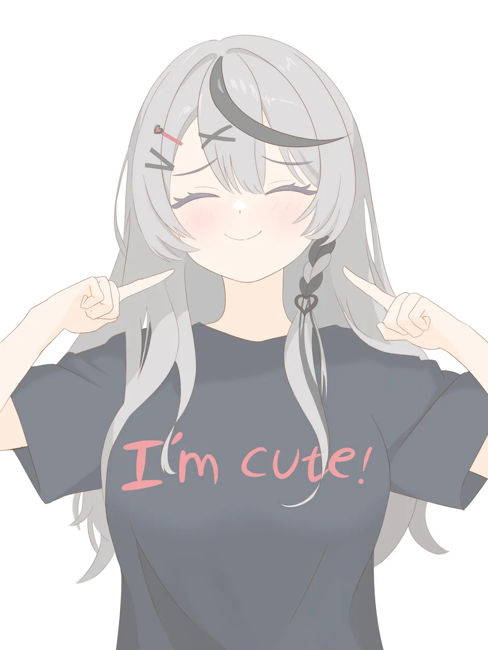 1girl alternate_costume black_hair black_shirt blush braid braided_sidelock breasts closed_mouth dot_nose english_text facing_viewer grey_hair hair_ornament hairpin hands_up index_finger_raised large_breasts long_hair multicolored_hair print_shirt shirt short_sleeves sidelocks simple_background smile solo straight_on straight_hair streaked_hair upper_body virtual_youtuber white_background x_hair_ornament ogossi hololive sakamata_chloe__hololive