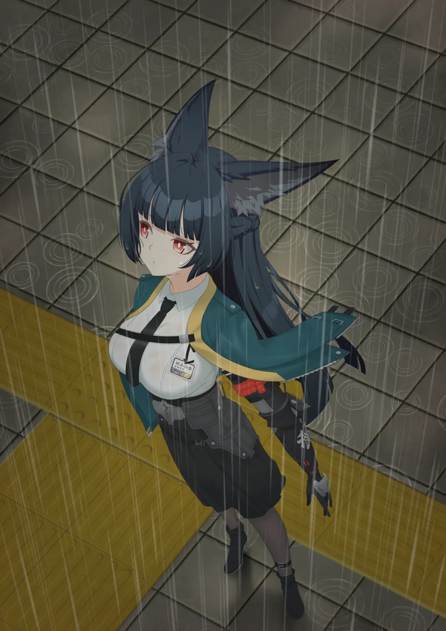 1girl animal_ears black_gloves black_hair black_necktie black_pantyhose black_skirt blunt_bangs closed_mouth dress_shirt expressionless fox_ears fox_girl full_body gloves green_jacket high_waist_skirt jacket long_hair looking_ahead necktie outdoors pantyhose rain red_eyes shirt sidelocks skirt solo white_shirt sasaki3rd zenless_zone_zero hoshimi_miyabi__zenless_zone_zero