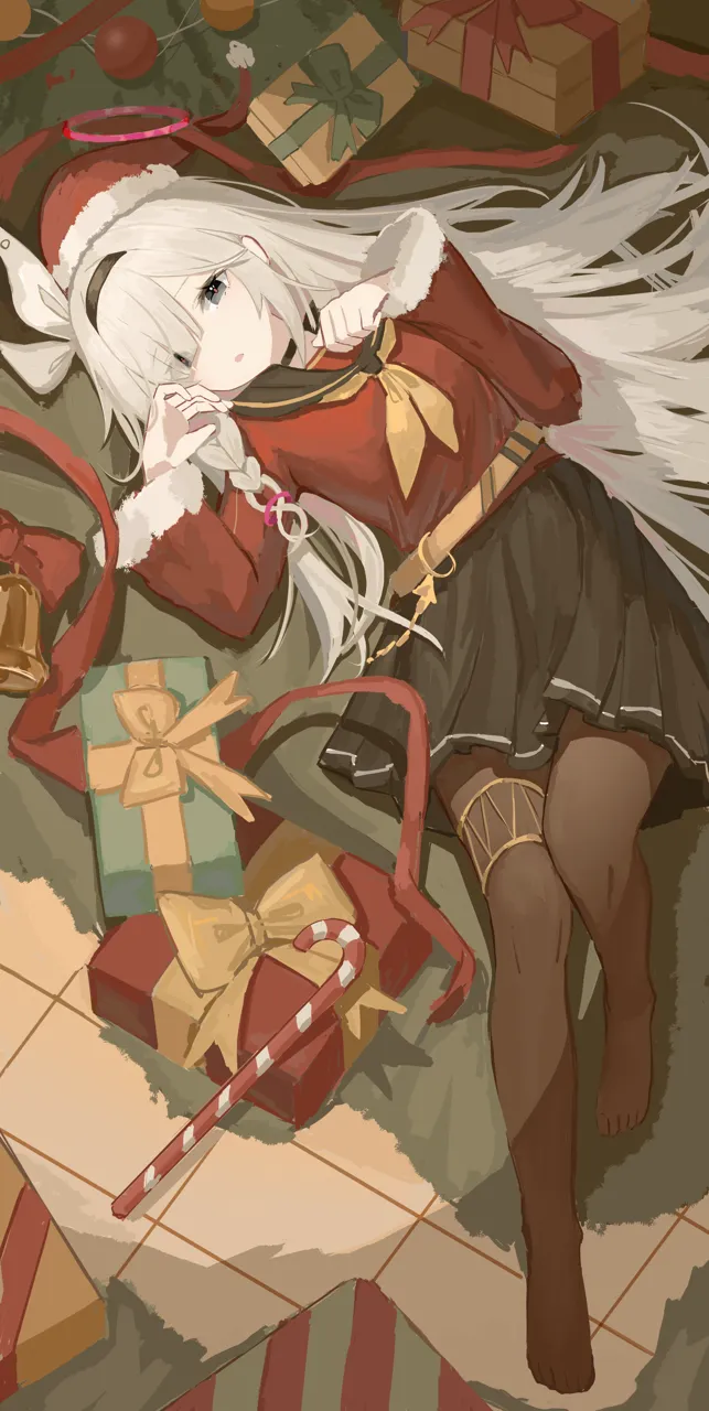 1girl alternate_costume bell belt black_choker black_hair black_hairband black_pantyhose black_sailor_collar black_skirt blunt_bangs box braid candy candy_cane choker christmas christmas_ornaments christmas_tree curled_fingers eyes_visible_through_hair feet food from_above full_body fur_trimmed_shirt fur_trim gift gift_box hair_over_one_eye hair_spread_out hairband halo hand_on_own_chest handbell hands_up hat long_hair long_sleeves looking_at_viewer lying neckerchief no_shoes on_back pantyhose parted_lips red_halo red_shirt sailor_collar santa_costume santa_hat school_uniform serafuku shirt side_braid single_braid skirt solo thigh_strap toes very_long_hair white_hair yellow_belt yellow_neckerchief yan_z blue_archive plana__blue_archive