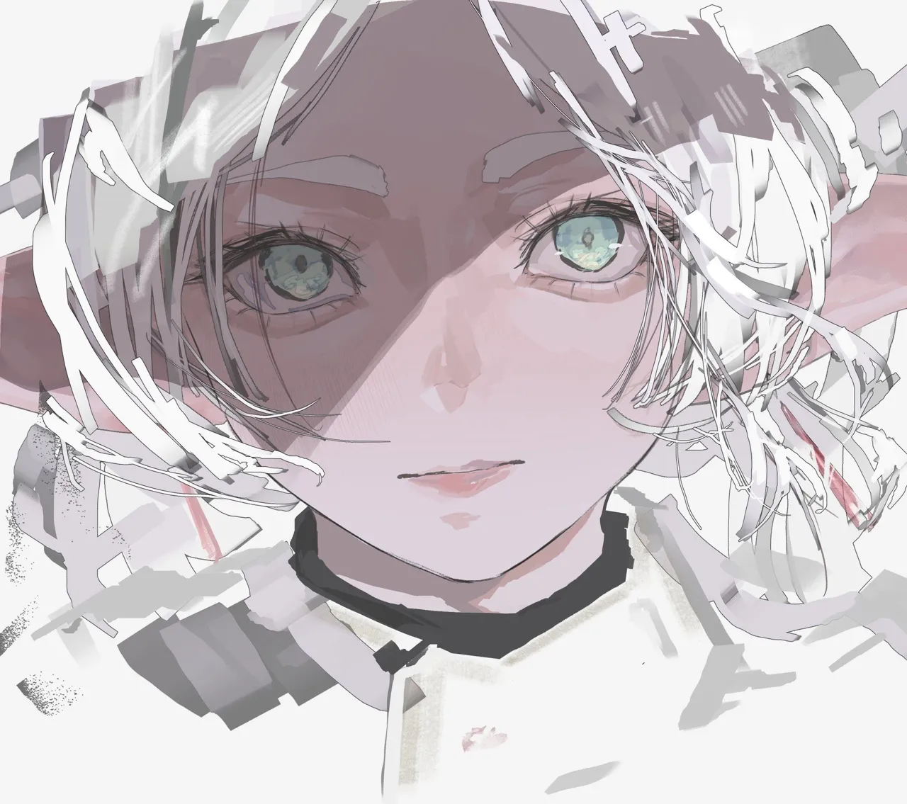 aqua_eyes bangs close_up closed_mouth face green_eyes grey_background looking_at_viewer necktie short_hair solo sousou_no_frieren frieren_sousou_no_frieren