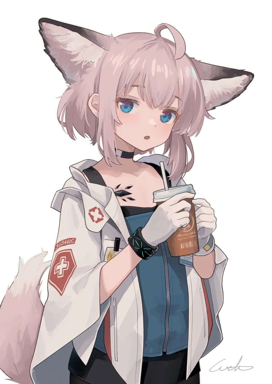 1girl ahoge animal_ear_fluff animal_ears black_choker blue_eyes blue_vest bracelet choker cup disposable_cup drinking_straw fox_ears fox_girl fox_tail gloves holding holding_cup infection_monitor__arknights jacket jewelry looking_at_viewer material_growth open_mouth oripathy_lesion__arknights pink_hair short_hair simple_background solo tail vest white_background white_gloves white_jacket welt__kinsei_koutenkyoku arknights sussurro__arknights