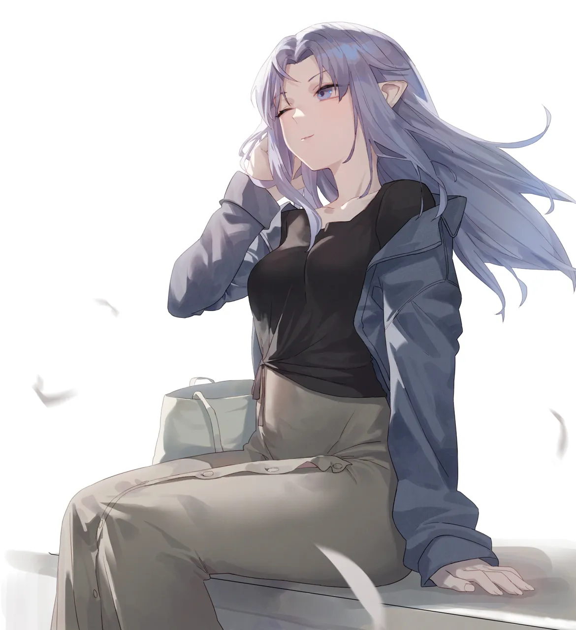 1girl blue_eyes blue_hair braid breasts contemporary long_hair medium_breasts parted_bangs pointy_ears side_braid sidelocks simple_background sitting solo white_background tesin__7aehyun fate_stay_night fate__series medea__caster__fate medea__fate