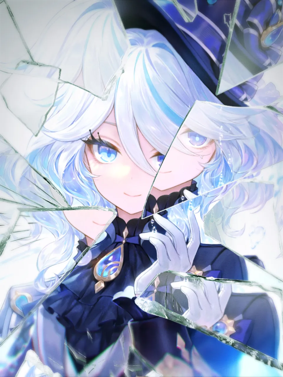 1girl ahoge ascot black_ascot black_shirt blue_bow blue_eyes blue_gemstone blue_hair blue_hat blue_jacket bow broken_glass closed_mouth collared_jacket eyelash_ornament eyelashes furrowed_brow gem glass glass_shards gloves gold_trim hair_between_eyes hand_up hat hat_bow heterochromia jacket long_hair long_sleeves looking_at_viewer mismatched_pupils multicolored_hair ponytail purple_gemstone reflection shards shattered shirt simple_background smile solo top_hat two_tone_hair upper_body vest water white_background white_gloves white_hair adelie_cat genshin_impact furina__genshin_impact