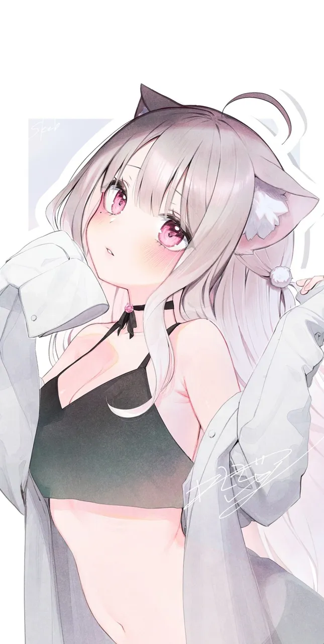 1girl ahoge animal_ear_fluff animal_ears bare_shoulders black_choker breasts cat_ears choker cleavage collarbone crop_top grey_hair hair_ornament jacket long_hair long_sleeves looking_at_viewer medium_breasts navel off_shoulder open_clothes sleeves_past_wrists solo stomach upper_body