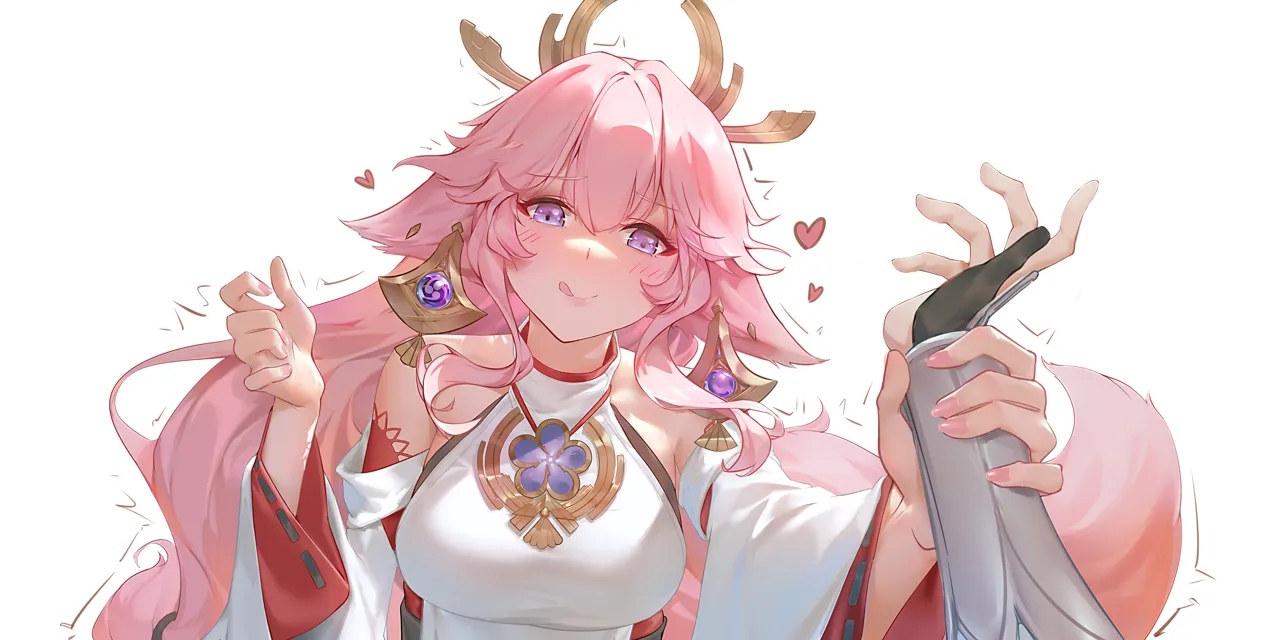 2girls _q arm_guards bare_shoulders breasts detached_sleeves dress female_pov fox_tail hair_between_eyes heart holding_another_s_wrist large_breasts long_hair long_sleeves looking_at_viewer multiple_girls nail_polish pink_hair pink_nails pov ribbon_trimmed_sleeves ribbon_trim simple_background sleeveless sleeveless_dress solo_focus tail tongue tongue_out upper_body white_background white_dress yuri ribao genshin_impact lumine__genshin_impact yae_miko