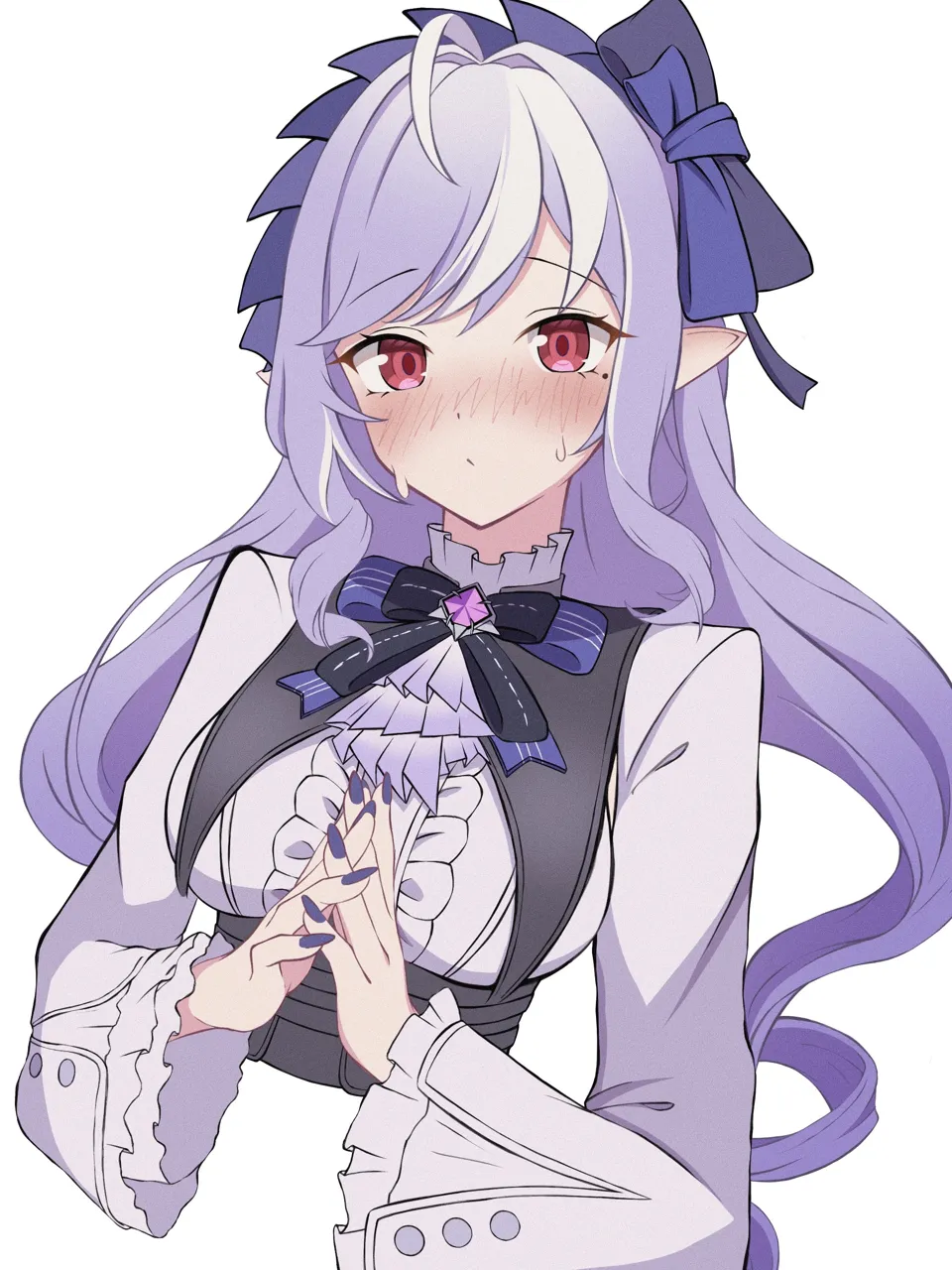 1girl ahoge black_dress blush bow bowtie collared_shirt dress hair_bow headband low_twintails multicolored_hair nervous_sweating own_hands_clasped own_hands_together pointy_ears purple_bow purple_bowtie purple_hair purple_headband red_eyes shirt simple_background solo sweat twintails white_hair sasa_mi__user_xrsf5585 zenless_zone_zero vivian__zenless_zone_zero