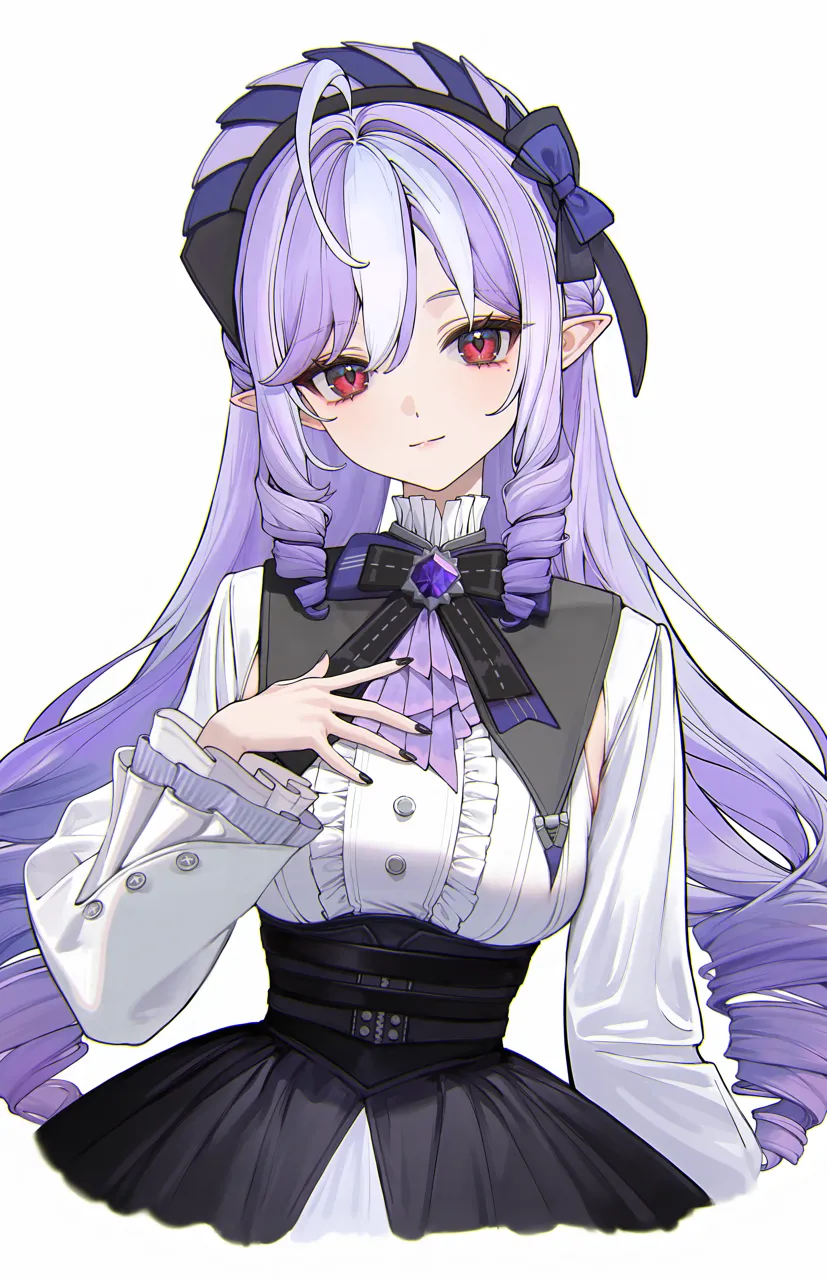 1girl black_bow black_skirt bow gothic_lolita hand_on_own_chest lolita_fashion long_hair looking_at_viewer pointy_ears purple_hair red_eyes shirt skirt solo vampire white_background white_shirt poki__j0ch3fvj6nd zenless_zone_zero vivian__zenless_zone_zero