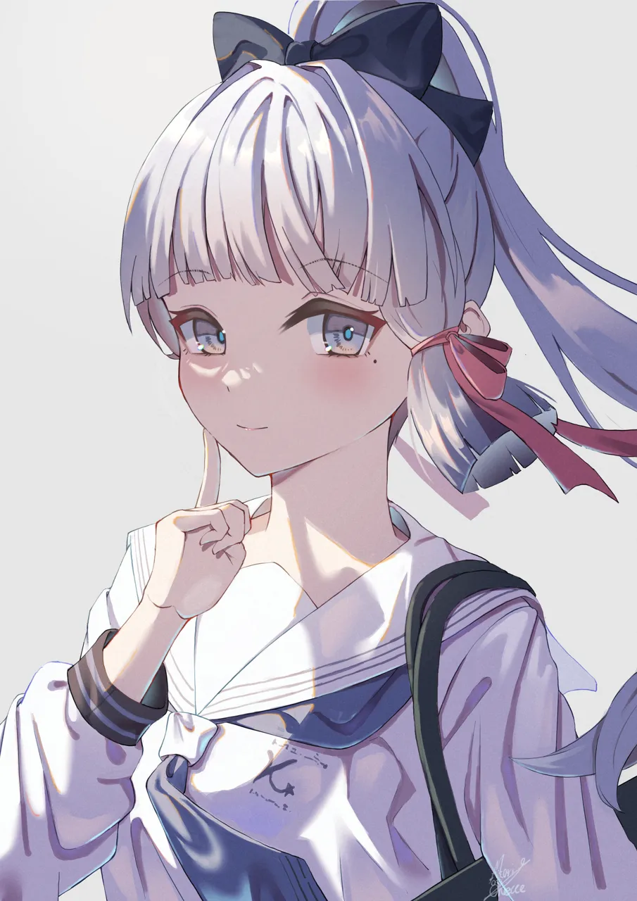 1girl alternate_costume blue_eyes blunt_tresses blush bow closed_mouth finger_to_cheek grey_background hair_bow hair_ribbon high_ponytail index_finger_raised long_hair long_sleeves looking_at_viewer mole mole_under_eye official_alternate_costume ponytail ribbon sailor_collar school_uniform serafuku simple_background smile solo tress_ribbon upper_body white_sailor_collar maria_onnette genshin_impact kamisato_ayaka__genshin_impact kamisato_ayaka__heytea__genshin_impact
