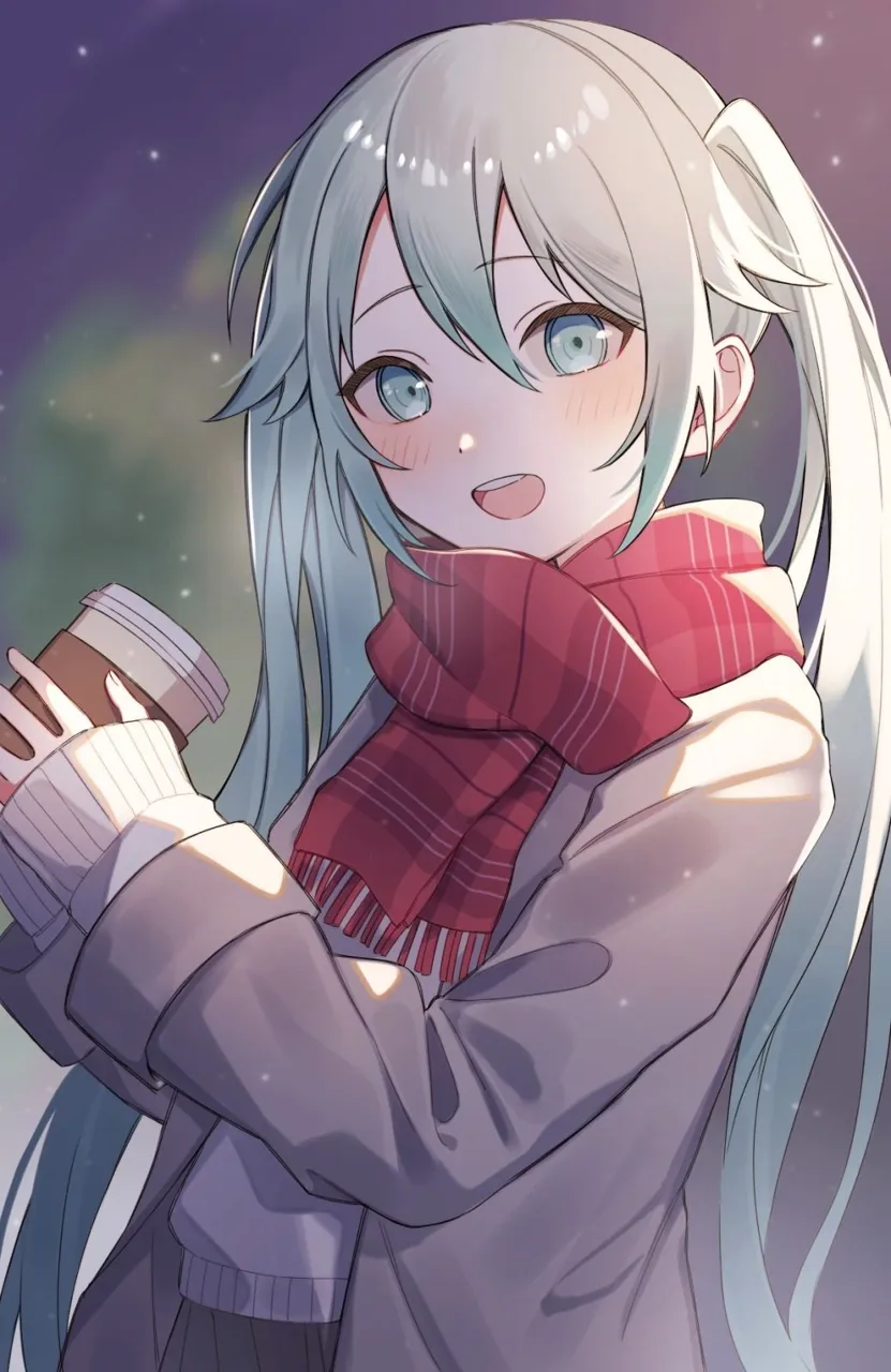 1girl aqua_eyes aqua_hair blush cup disposable_cup hair_between_eyes holding holding_cup long_hair long_sleeves looking_at_viewer open_mouth plaid_scarf red_scarf scarf sleeves_past_wrists smile solo sweater teeth twintails upper_body upper_teeth very_long_hair hatsune_miku
