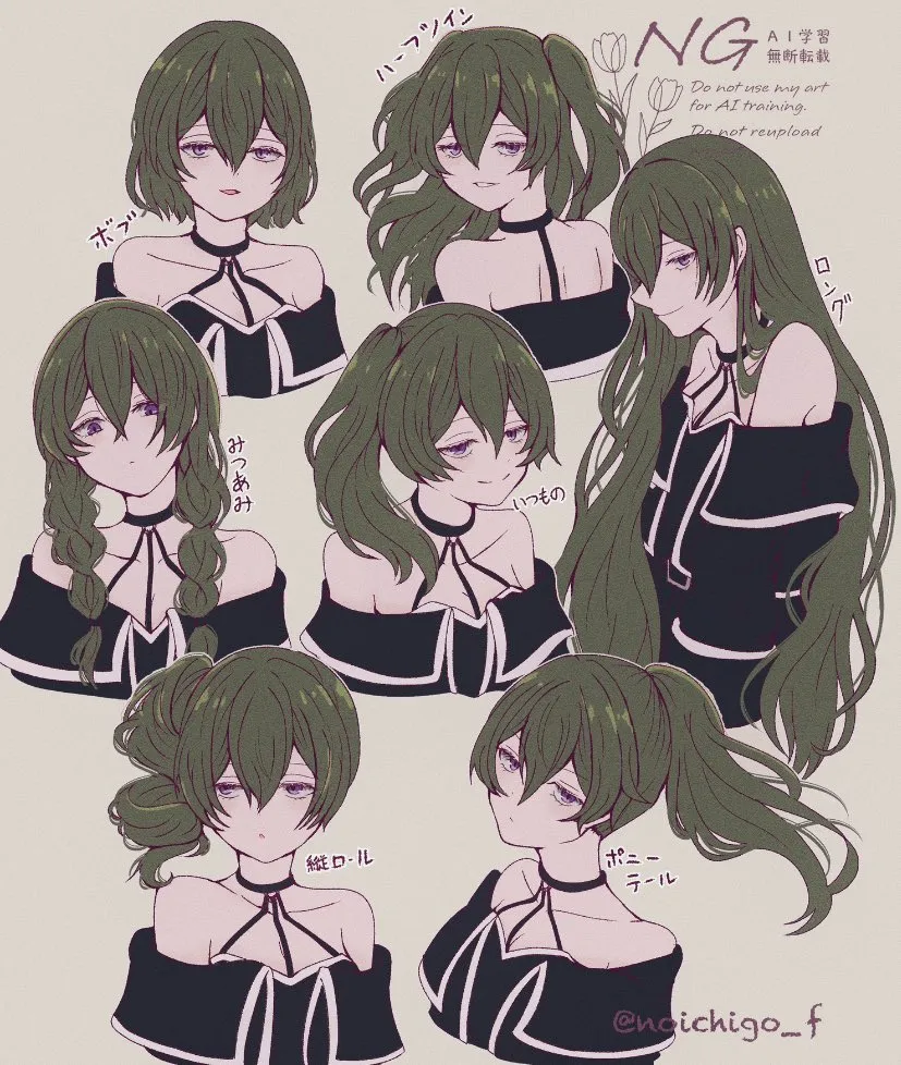 1girl alternate_hairstyle artist_name bob_cut braid breasts cleavage english_text green_hair grey_background hair_down long_hair multiple_views purple_eyes short_hair shoulder_blades side_ponytail simple_background twin_braids noichigo_f sousou_no_frieren ubel__sousou_no_frieren