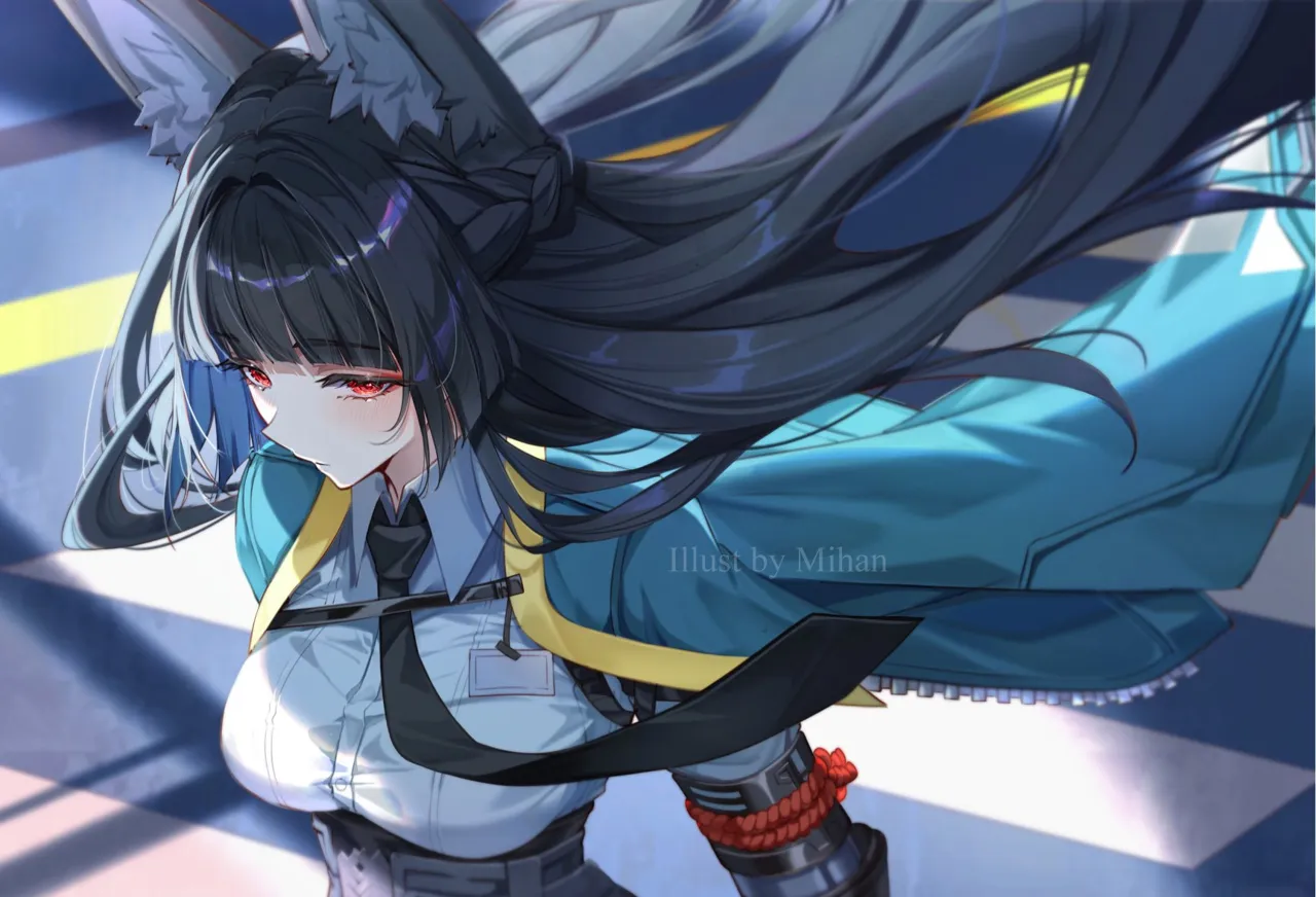 1girl animal_ear_fluff animal_ears aqua_jacket arm_out_of_sleeve black_hair black_necktie black_skirt braid breasts closed_mouth collared_shirt floating_clothes floating_hair fox_ears fox_girl gauntlets half_up_braid high_waist_skirt id_card jacket large_breasts looking_at_viewer necktie red_eyes shirt single_gauntlet skirt solo upper_body white_shirt mihan__mihan_art zenless_zone_zero hoshimi_miyabi__zenless_zone_zero