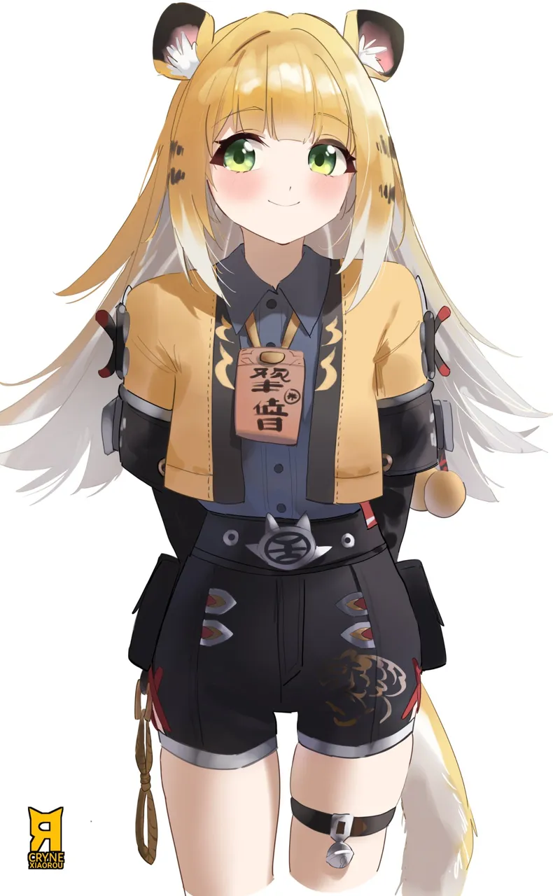 1girl animal_ears artist_name belt black_shorts blonde_hair blush green_eyes hip_vent jacket long_hair looking_to_the_side shorts simple_background smile solo striped_hair tail thigh_belt thigh_strap tiger_ears tiger_girl tiger_tail white_background yellow_jacket cryne zenless_zone_zero ju_fufu__zenless_zone_zero