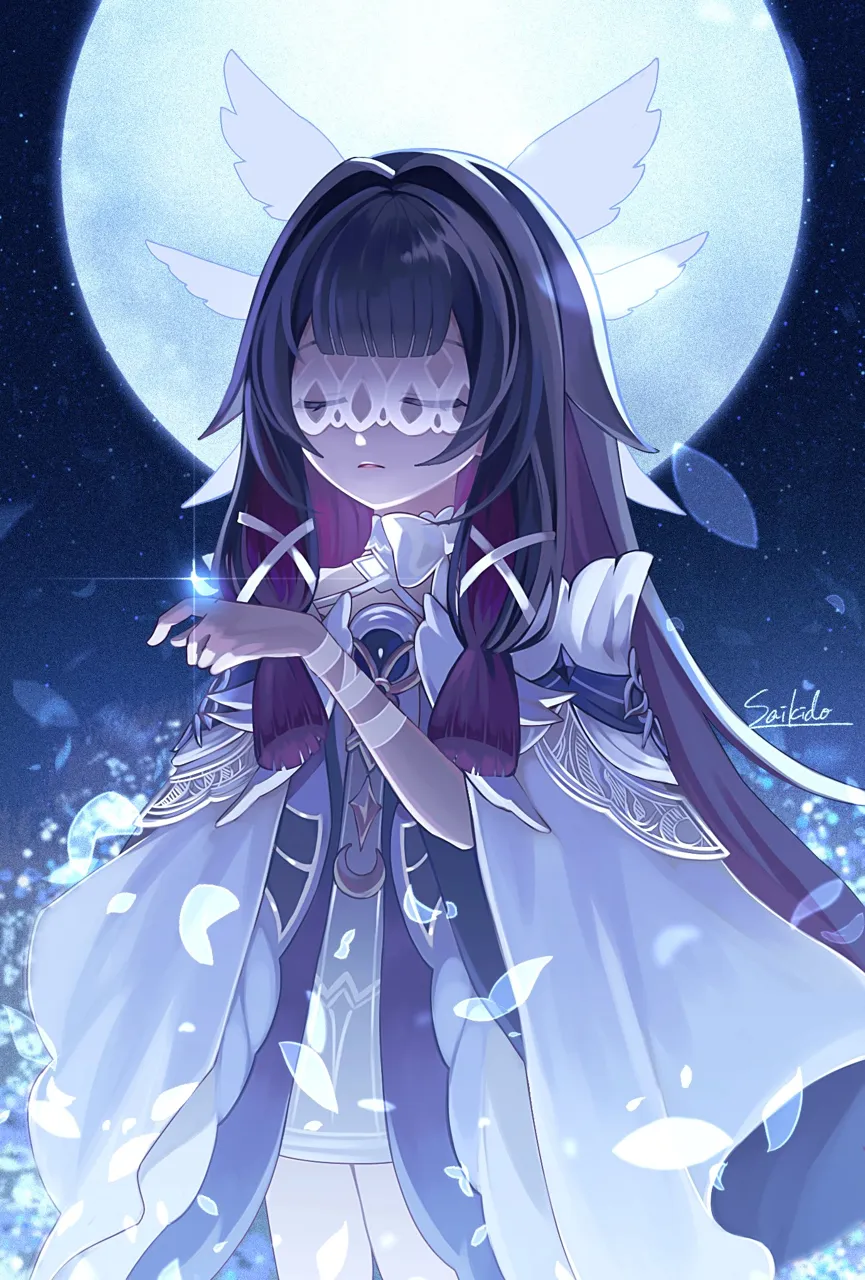 1girl artist_name black_hair blunt_bangs bow closed_eyes dress feathered_wings full_moon head_wings long_hair moon multicolored_hair petals pink_hair signature solo two_tone_hair white_bow white_dress white_wings wings hitaren_illust genshin_impact columbina__genshin_impact