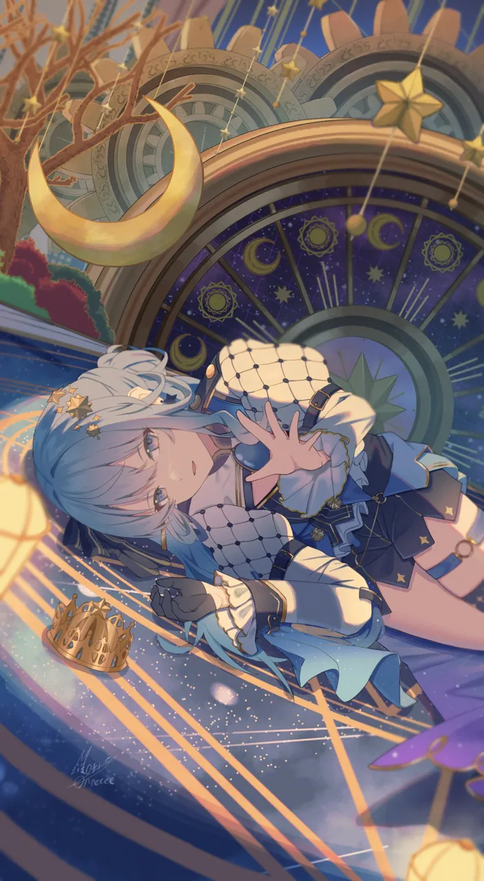 1girl black_gloves blue_eyes blue_hair clockwork crown gears gloves half_gloves hanging_props juliet_sleeves long_sleeves lying moon official_alternate_costume puffy_sleeves quilted_clothes single_half_glove solo star__symbol star_in_eye symbol_in_eye thigh_strap virtual_youtuber maria_onnette hololive soiree__hoshimachi_suisei hoshimachi_suisei__hololive hoshimachi_suisei__stellar_into_the_galaxy__hololive