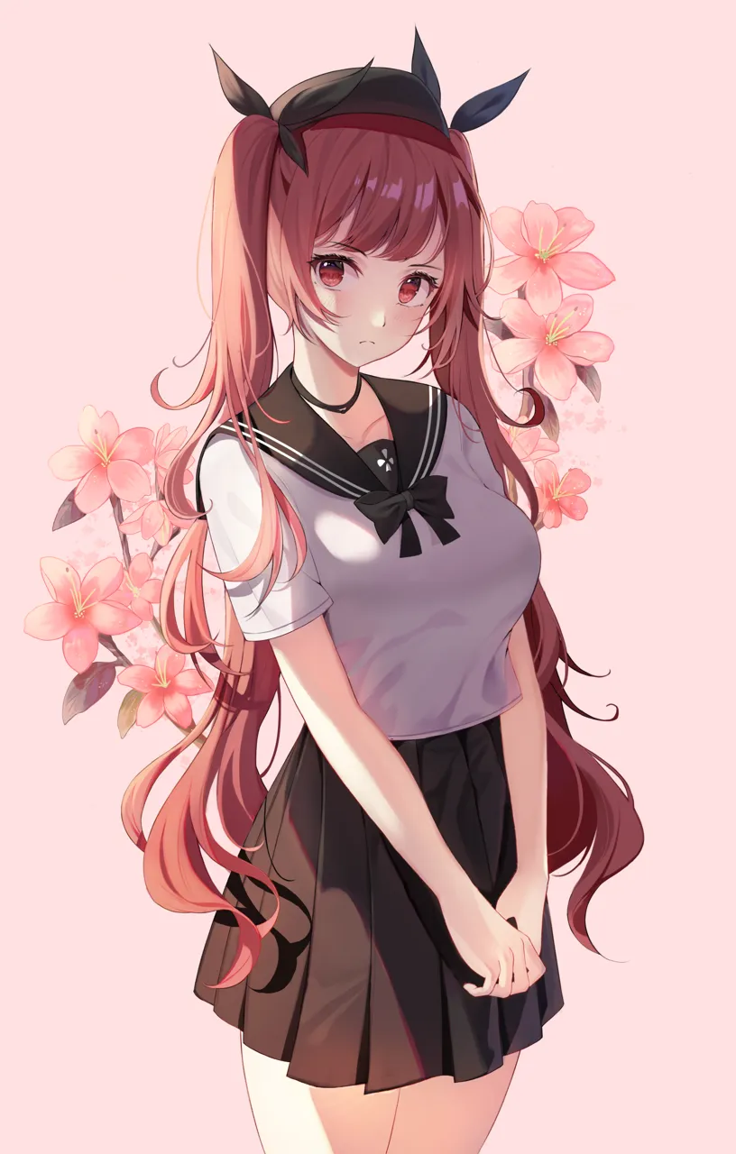 1girl beret black_bow black_choker black_hat black_ribbon black_sailor_collar black_skirt blush bow breasts choker closed_mouth collarbone floral_background flower frown hair_ribbon hat long_hair looking_at_viewer medium_breasts medium_skirt official_alternate_costume own_hands_together pink_background pink_flower pleated_skirt red_eyes red_hair ribbon sailor_collar school_uniform serafuku shirt short_sleeves skirt solo twintails v_arms very_long_hair white_shirt niji__rudduf232 azur_lane honolulu__azur_lane honolulu__umbrella_girl__azur_lane