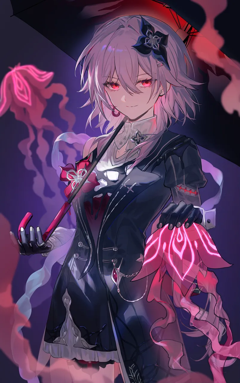 1girl black_dress black_flower black_gloves breasts closed_mouth clothing_cutout collared_dress cowboy_shot dress earrings empty_eyes flower gem gloves hair_between_eyes hair_flower hair_ornament hairclip hands_up holding holding_umbrella jellyfish jewelry lapels long_hair long_sleeves looking_at_viewer low_twintails medium_breasts official_alternate_costume official_alternate_hairstyle pink_hair puffy_long_sleeves puffy_sleeves purple_background red_eyes red_flower red_gemstone ring shoulder_cutout simple_background single_bare_shoulder single_earring smile solo standing twintails two_tone_dress umbrella white_dress sp0i0ppp honkai__star_rail honkai__series evernight__honkai__star_rail march_7th__honkai__star_rail