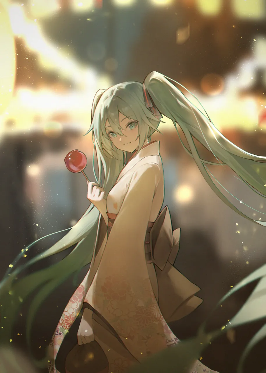 1girl aqua_eyes aqua_hair blurry blurry_background food holding holding_food japanese_clothes kimono long_hair long_sleeves looking_at_viewer obi sash smile solo twintails vocaloid white_kimono wide_sleeves jiang_zhuti_jiojio hatsune_miku