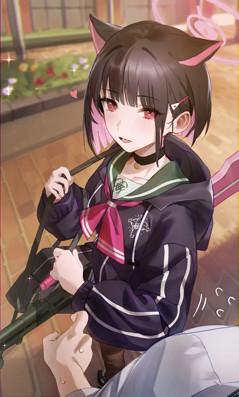 1boy 1girl animal_ears bag black_hair black_hoodie blurry blurry_background breasts cat_ears colored_inner_hair extra extra_ears flying_sweatdrops gun gun_sling hair_ornament hairclip halo holding holding_gun holding_weapon hood hoodie light_machine_gun long_sleeves machine_gun multicolored_hair neckerchief open_mouth outdoors pantyhose pendant_choker pink_neckerchief pov red_eyes sailor_collar school_bag school_uniform shirt short_hair small_breasts smile sparkle standing weapon white_shirt flatshi blue_archive kazusa__blue_archive sensei__blue_archive