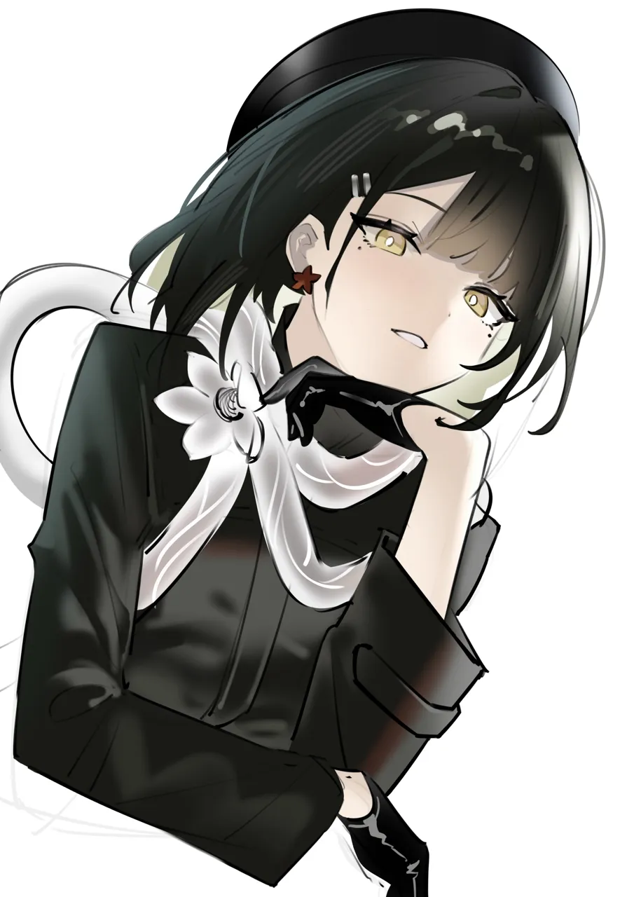 1girl beret black_dress black_gloves black_hair black_hat dot_nose dress earrings flower flower_earrings gloves hair_between_eyes hair_ornament hairclip hat jewelry long_sleeves looking_at_viewer medium_hair mole mole_under_eye open_mouth portrait red_flower simple_background snake solo white_background yellow_eyes e_razor xinyue_tongxing jie__xinyue_tongxing