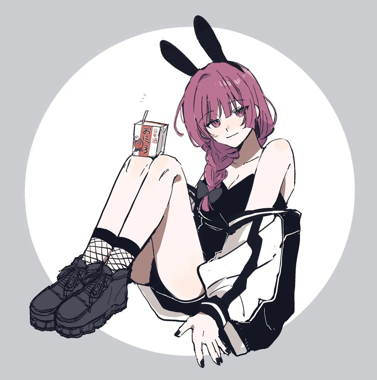 1girl animal_ears bangs bare_shoulders black_footwear black_nails braid breasts circle cleavage eyebrows_visible_through_hair fishnets grey_background jacket long_hair looking_at_viewer medium_breasts moon nail_polish off_shoulder rabbit_ears red_hair red_nails shadow shoes sitting smile solo two_tone_background bocchi_the_rock hiroi_kikuri__bocchi_the_rock