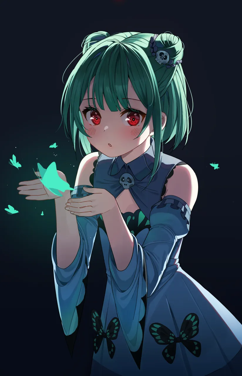 1girl animal_print bare_shoulders blue_dress blue_sleeves blush bow brooch bug butterfly butterfly_print detached_collar detached_sleeves double_bun dress dress_bow earrings flat_chest frilled_dress frills green_hair hair_bun hair_ornament hands_up jewelry juliet_sleeves long_sleeves looking_at_viewer parted_hair parted_lips puffy_sleeves red_eyes short_dress short_hair sidelocks skull_earrings skull_hair_ornament solo strapless strapless_dress virtual_youtuber wide_sleeves niji__rudduf232 hololive uruha_rushia__hololive uruha_rushia__1st_costume