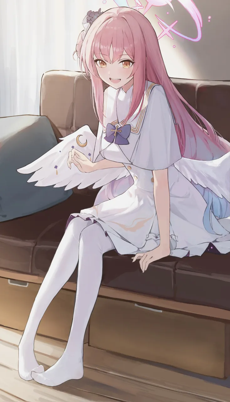 1girl arm_support blush breasts capelet couch crescent dress feathered_wings feet full_body hair_bun halo indoors long_hair looking_at_viewer medium_breasts no_shoes on_couch pantyhose pink_hair sidelocks single_side_bun sitting smile solo teeth upper_teeth_only very_long_hair white_capelet white_dress white_pantyhose white_wings wings yellow_eyes jiang_zhuti_jiojio blue_archive mika__blue_archive