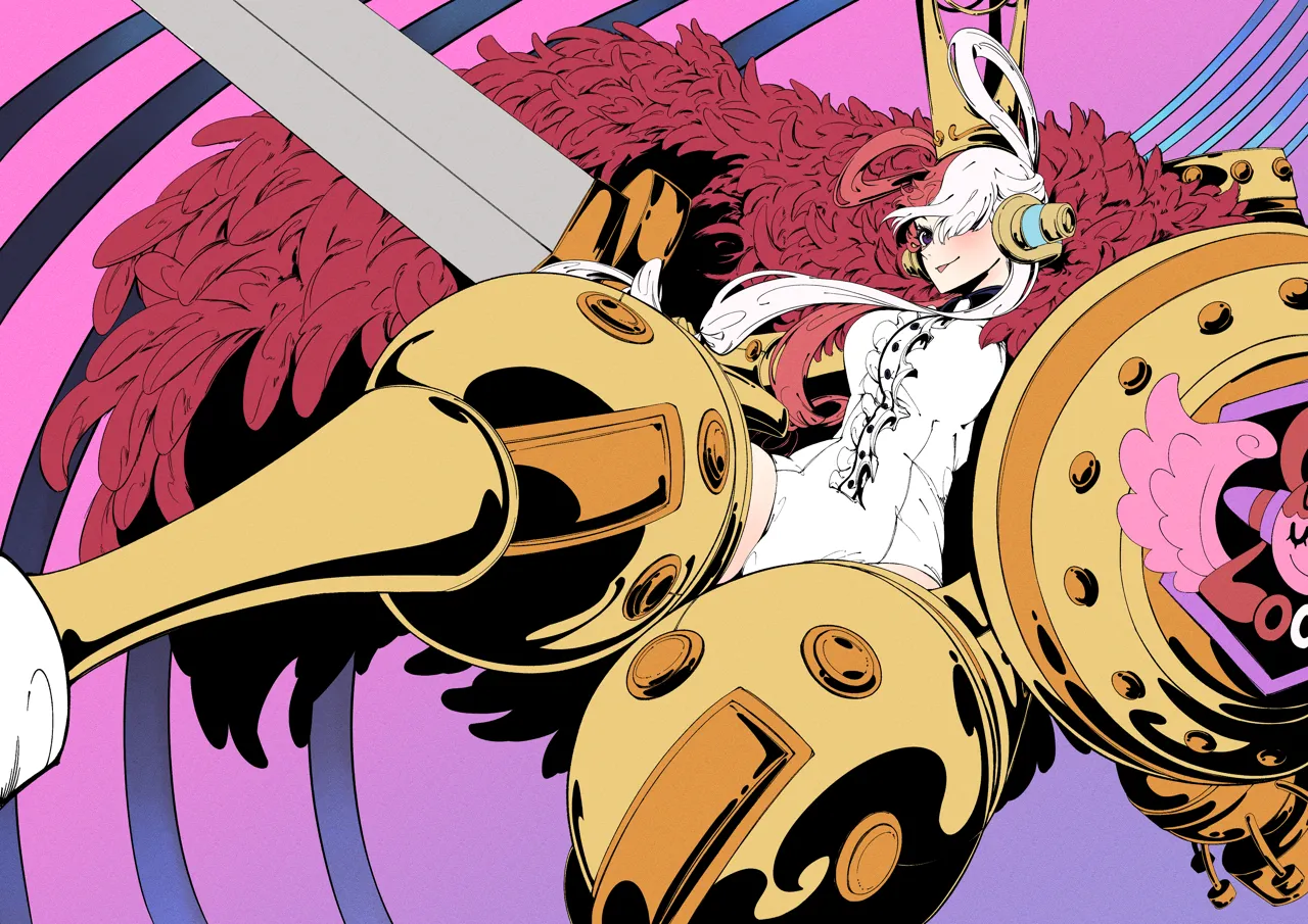 1girl crown hair_over_one_eye hair_rings headphones multicolored_hair purple_eyes red_hair shield split_color_hair sword two_tone_hair weapon white_hair taiju__gr09kuma one_piece one_piece_film__red uta__one_piece