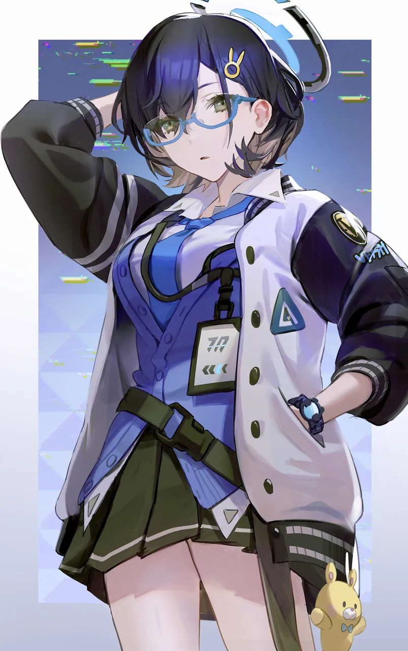 1girl arm_behind_head arm_up asymmetrical_bangs blue_hair blue_necktie breasts buckle cardigan collared_shirt cowboy_shot glitch green_eyes hair_ornament hairclip halo hand_in_pocket id_card jacket letterman_jacket long_sleeves looking_at_viewer medium_breasts miniskirt necktie open_clothes open_jacket parted_lips pleated_skirt semi_rimless_eyewear shirt short_hair skirt snap_fit_buckle solo stuffed_animal stuffed_toy teddy_bear watch white_shirt wristwatch flatshi blue_archive chihiro__blue_archive