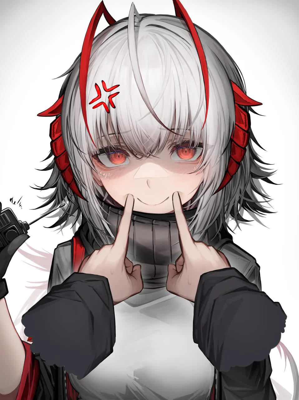 1girl ahoge anger_vein black_scarf closed_mouth demon_horns detonator fingersmile forced_smile gradient_background grey_background holding horns long_hair looking_at_viewer red_eyes red_horns scarf smile solo_focus upper_body white_hair tab_head arknights w__arknights