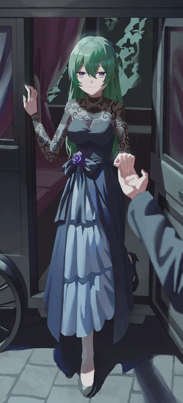 1boy 1girl alternate_costume alternate_hairstyle black_dress black_footwear black_sash breasts carriage cleavage closed_mouth dress dress_flower flower full_body green_hair hair_between_eyes hair_down high_heels holding_hands lace_dress lace_sleeves medium_breasts layered_dress long_hair long_sleeves looking_at_viewer pavement pov pov_hands pumps purple_eyes sash sett smile waist_sash llami_0 sousou_no_frieren ubel__sousou_no_frieren