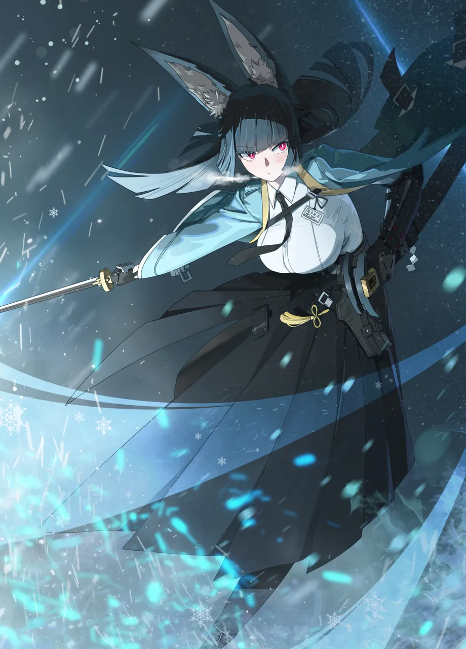 1girl animal_ear_fluff animal_ears black_hair black_skirt blunt_bangs closed_mouth dress_shirt fox_ears fox_girl gauntlets green_jacket high_waist_skirt holding holding_sword holding_weapon jacket katana long_hair long_skirt red_eyes shirt sidelocks skirt solo sword weapon white_shirt midfinger zenless_zone_zero hoshimi_miyabi__zenless_zone_zero