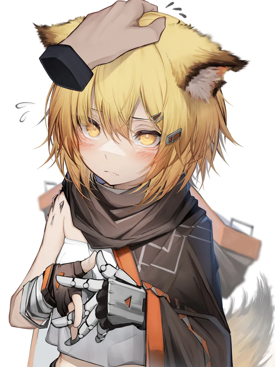 1girl animal_ears bandages black_cape blonde_hair blush cape crop_top crop_top_overhang disembodied_hand flying_sweatdrops fox_ears fox_tail headpat material_growth oripathy_lesion__arknights own_hands_together shirt single_bare_shoulder solo_focus strapless strapless_shirt tail upper_body white_shirt wrist_wrap yellow_eyes tab_head arknights vermeil__arknights