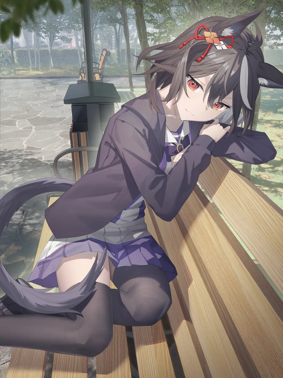 1girl ahoge animal_ears black_hair blush chair garden hair_between_eyes hair_ornament horse_ears horse_girl horse_tail multicolored_hair on_chair red_eyes school_uniform short_hair smile solo streaked_hair tail thighs tracen_school_uniform angel_no_shousou umamusume kitasan_black__umamusume