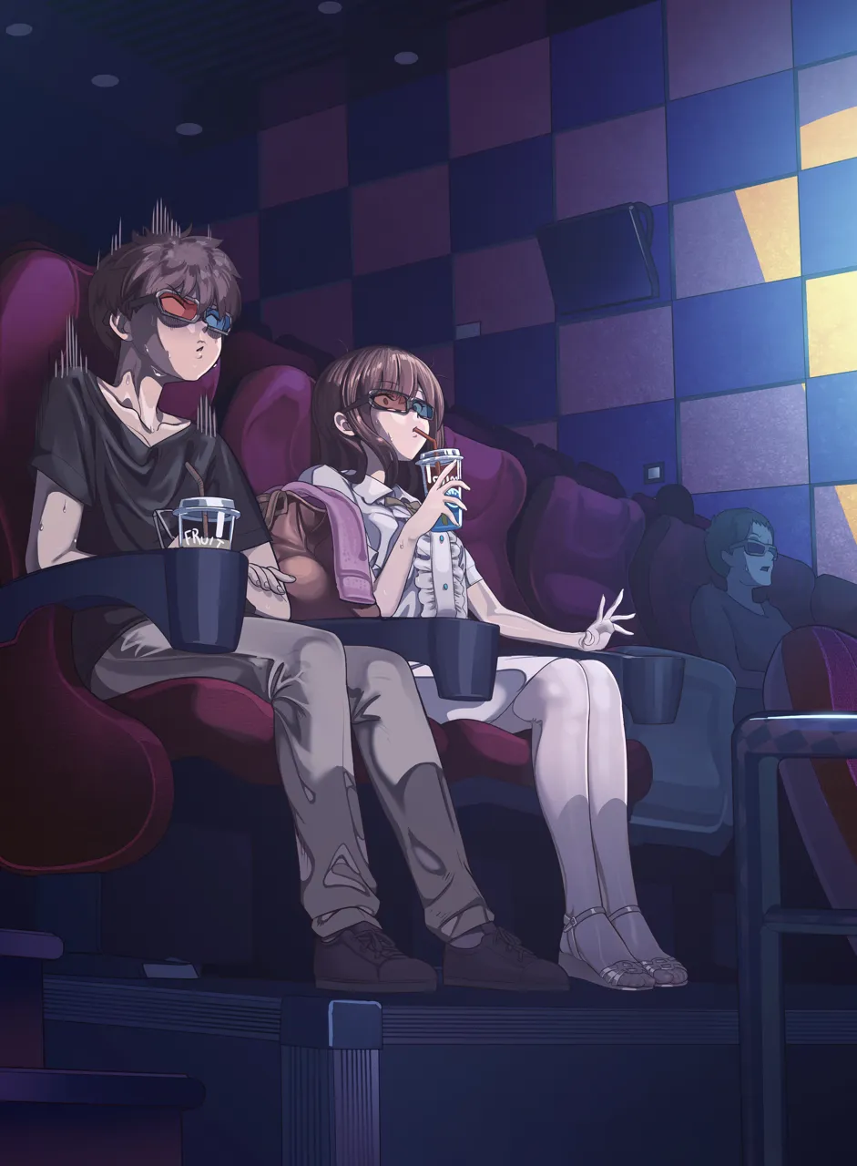 1girl 2boys 3d_glasses black_shirt ceiling checkered_wall collarbone drinking drinking_straw heterochromatic_eyewear holding indoors movie_theater multiple_boys pantyhose shirt sitting thighhighs tinted_eyewear white_pantyhose yewang19 lu__yewang19 yu_xuan__yewang19