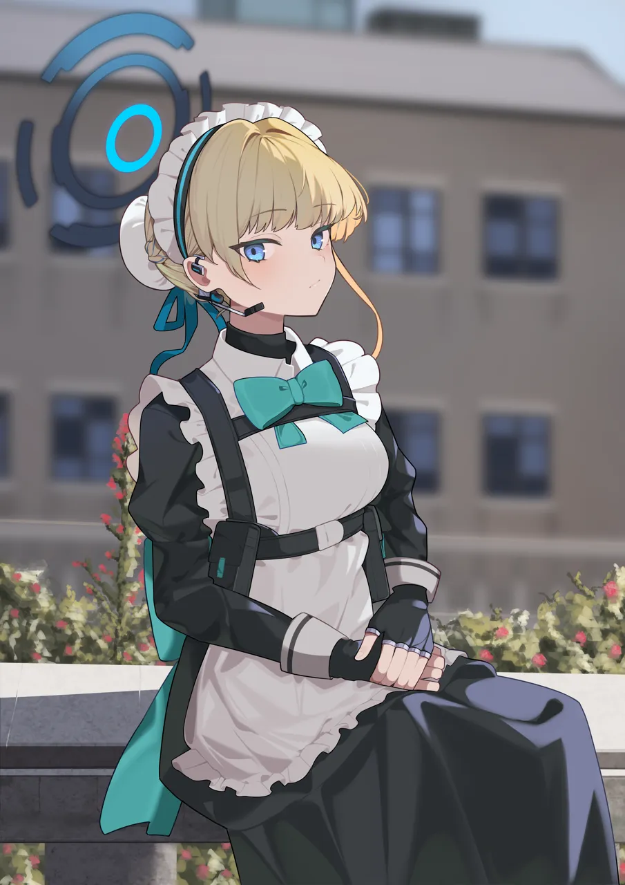 1girl apron black_dress black_gloves blonde_hair blue_eyes blue_hair blue_halo blush bun_cover closed_mouth day dress earpiece fingerless_gloves frilled_apron frills gloves hair_bun halo juliet_sleeves long_sleeves looking_at_viewer maid maid_apron maid_headdress multicolored_hair outdoors puffy_sleeves short_hair single_hair_bun sitting solo streaked_hair white_apron hijo__nakare2845 blue_archive toki__blue_archive