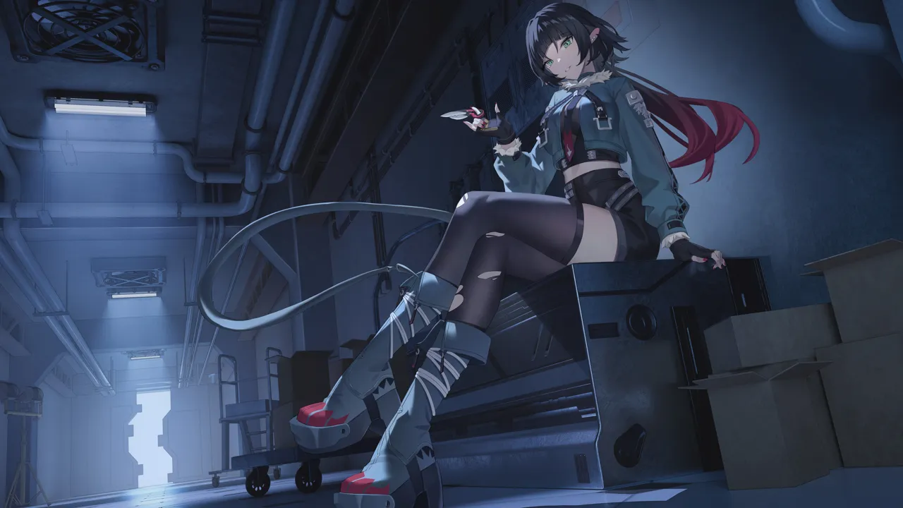 1girl animal_ears black_hair black_pantyhose blunt_bangs breasts crossed_legs fingerless_gloves gloves green_eyes jacket long_hair looking_at_viewer mouse_ears mouse_girl mouse_tail multicolored_hair pantyhose red_hair shorts sidelocks sitting smile solo tail thighhighs thighs torn_clothes torn_pantyhose angel_no_shousou zenless_zone_zero jane_doe__zenless_zone_zero