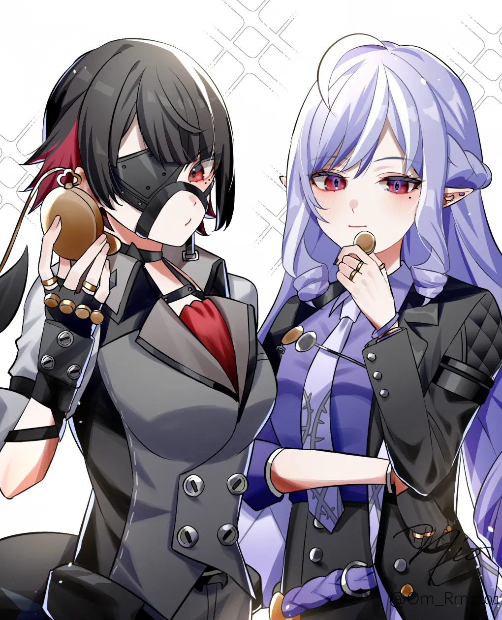 2girls black_gloves black_hair black_jacket black_nails black_pants black_vest breasts closed_mouth collared_shirt colored_inner_hair cosplay eyepatch fingerless_gloves fingernails fins fish_tail gloves hand_up holding holding_pocket_watch hugo_vlad__cosplay jacket large_breasts long_hair looking_at_viewer mole mole_under_eye multicolored_hair multiple_girls nail_polish necktie open_clothes open_jacket orange_eyes pants pink_hair pocket_watch pointy_ears purple_hair purple_necktie purple_shirt red_eyes shark_girl shark_tail shirt short_hair sidelocks signature streaked_hair tail very_long_hair vest von_lycaon__cosplay watch om_rm1101 zenless_zone_zero ellen_joe__zenless_zone_zero hugo_vlad__zenless_zone_zero vivian__zenless_zone_zero von_lycaon__zenless_zone_zero